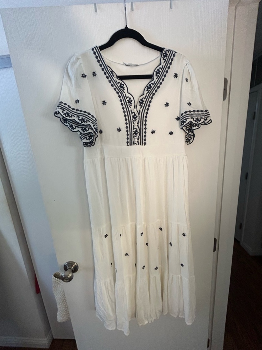 Polagram White Maxi Dress with Navy Embroidery